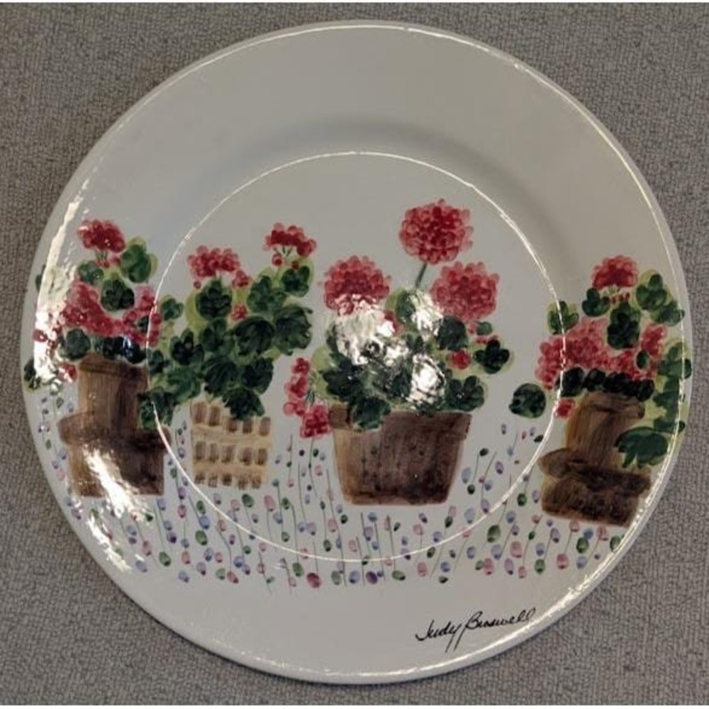 Vintage 2001 Judy Buswell Signed Hand Painted Ceramic Plate Red Geranium 14"